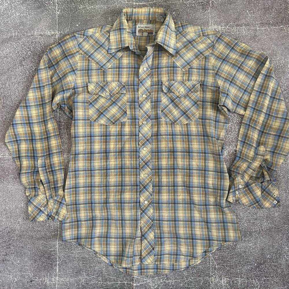 Men's Vintage ATA Western Wear Blue Red Plaid Pearl Snap Button Up Shirt Sz M